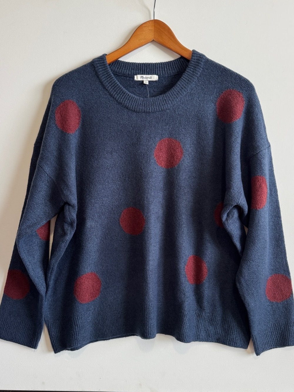 Madewell Navy Crewneck Sweater with Burgundy Polka Dots